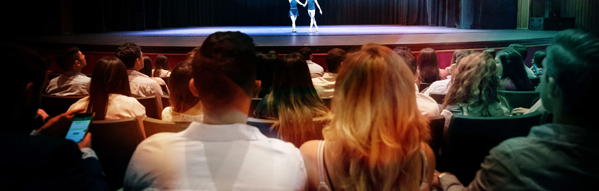 People at a theater looking at a dress rehearsal of ballet performing arts