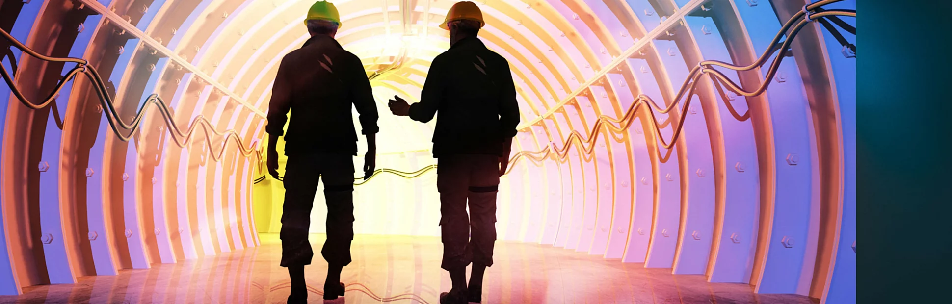 Silhouette of workers in the tunnels.