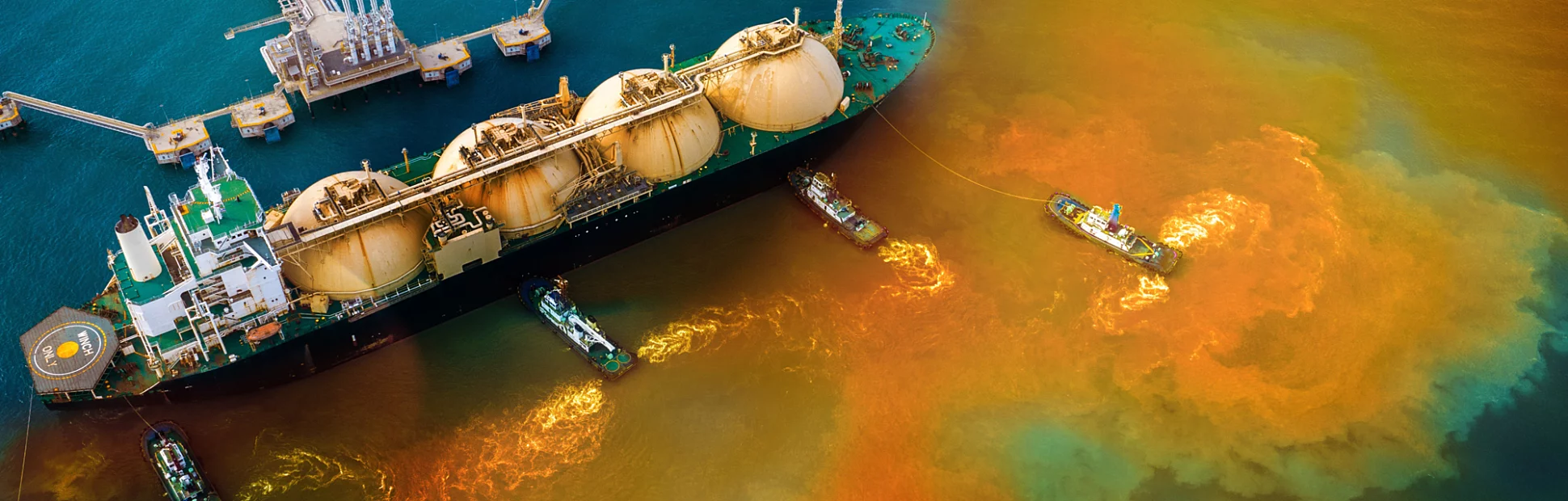 Oil spill at sea,  polluted water surface as a result of human activities