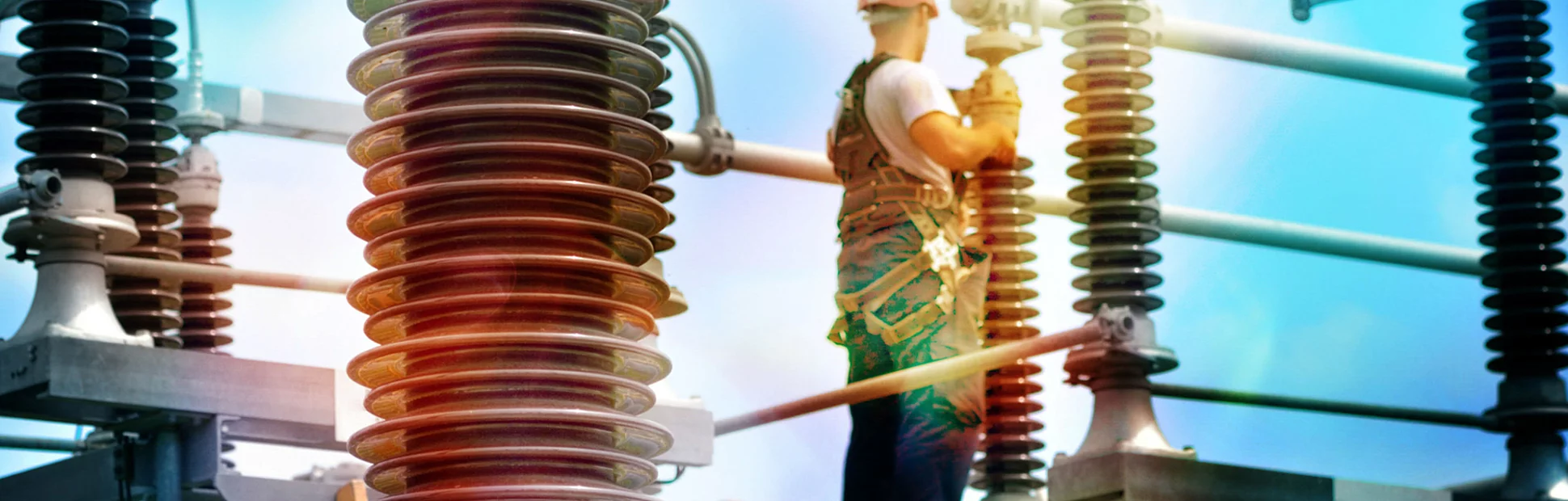 Construction worker with hadhat, protective workwear and safety belt working in power plant.