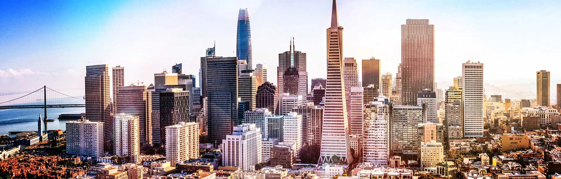 A high angle view of San Francisco's business district on a sunny day.