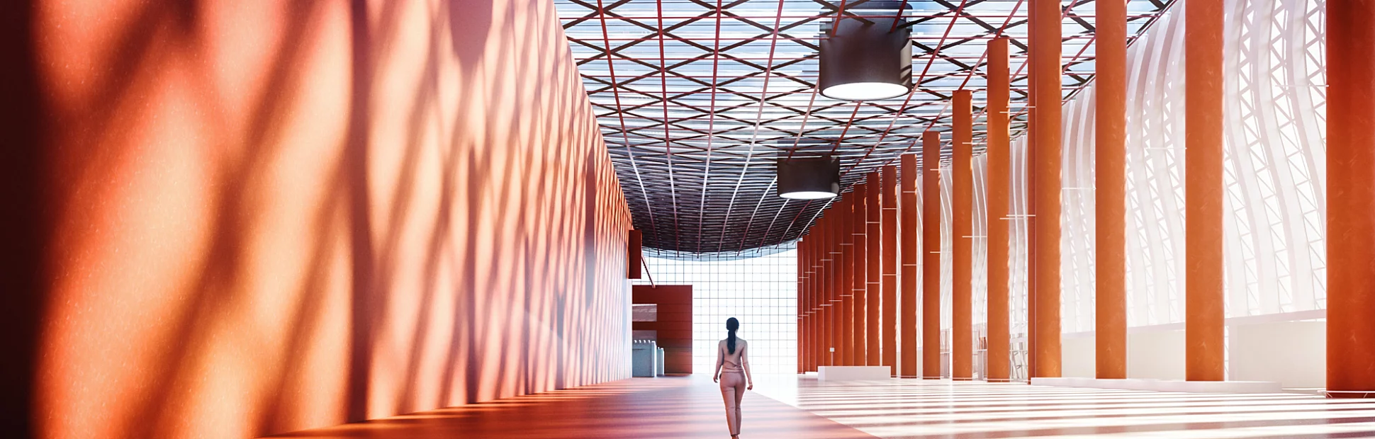 Lone businesswoman walking in empty exhibition hall