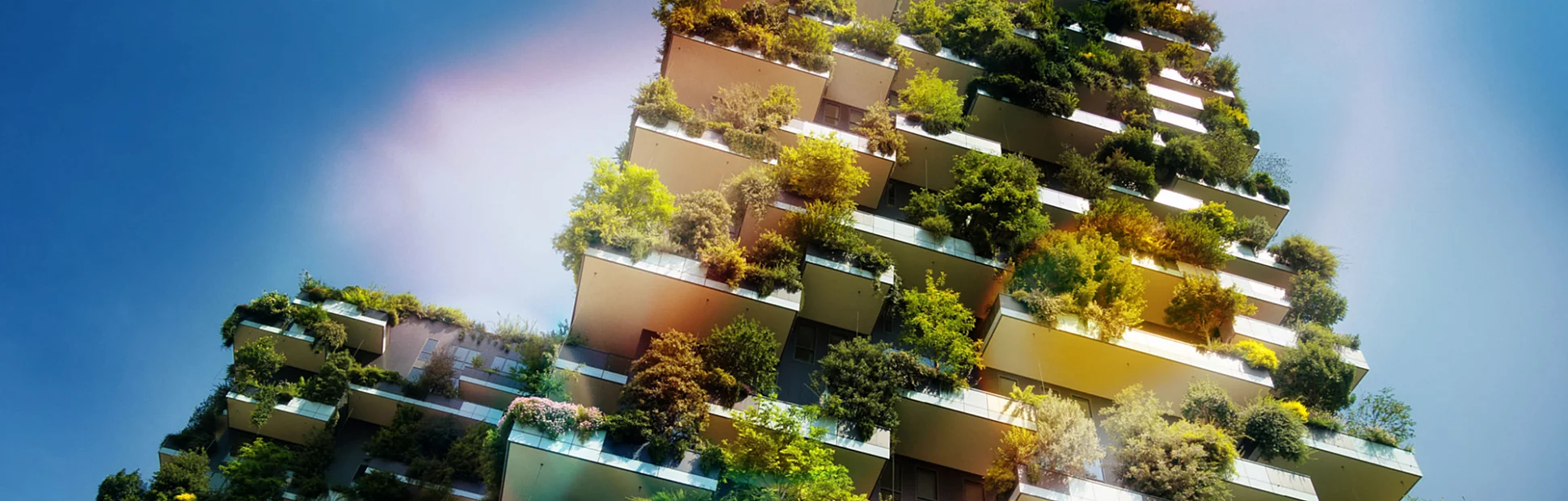 Sustainable green building, plants on building balconies