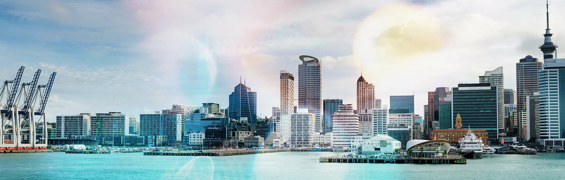 skyline of Auckland with city central business district and port cranes at cloudy noon