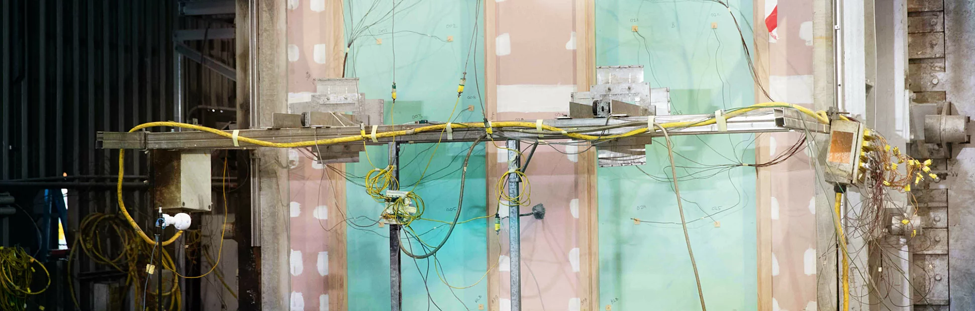 Fire test in a laboratory. Two doors hooked up to equipment before the test has begun.