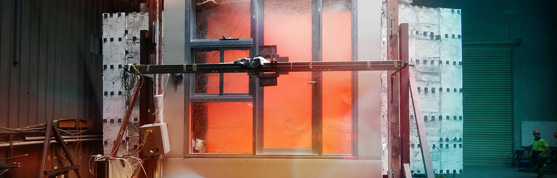 Picture of a Bushfire test being run in a lab environment. Fire burning outside a window.