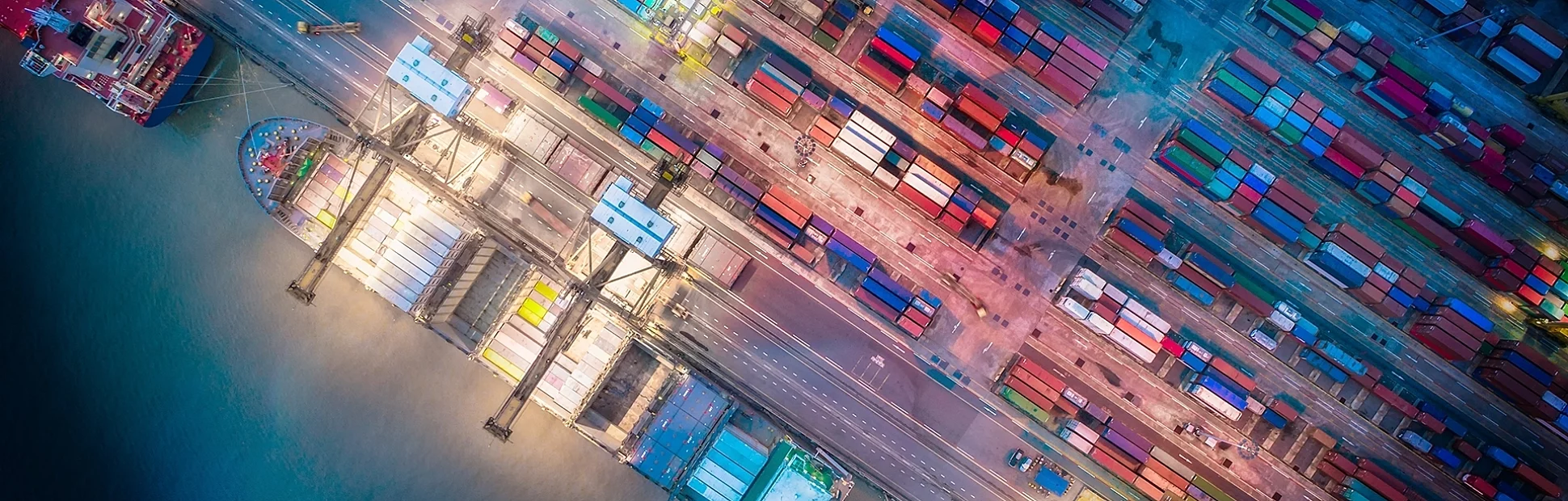 Overhead shot of a cargo ship at a port