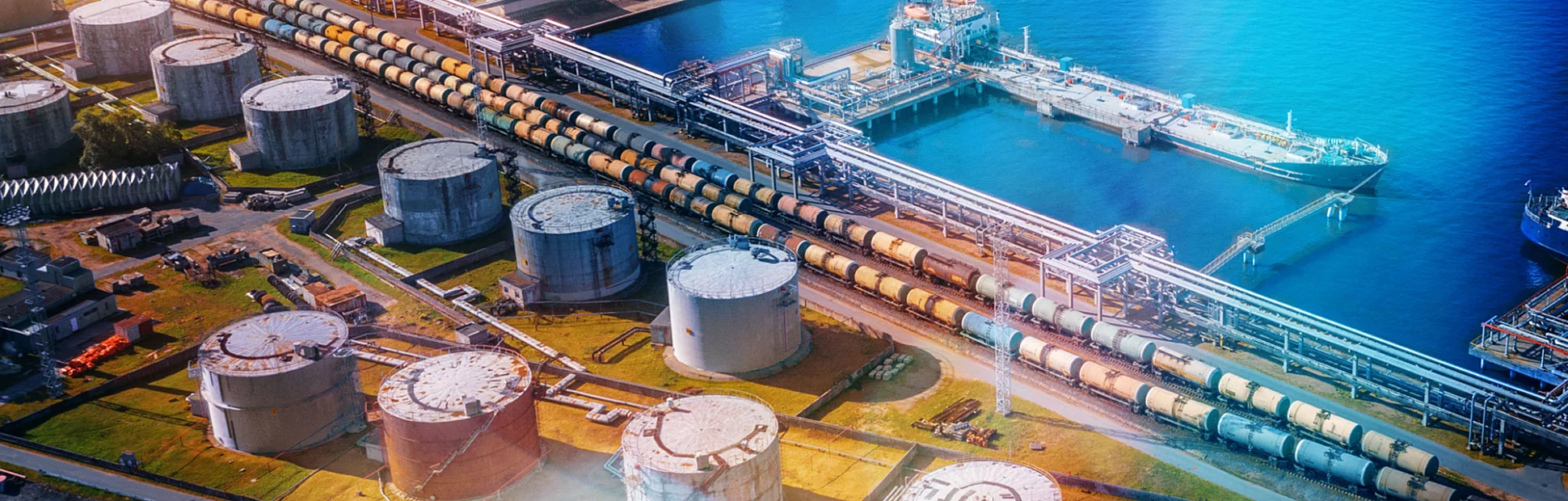 Aerial view large port oil loading terminal with large storage tanks and a railway