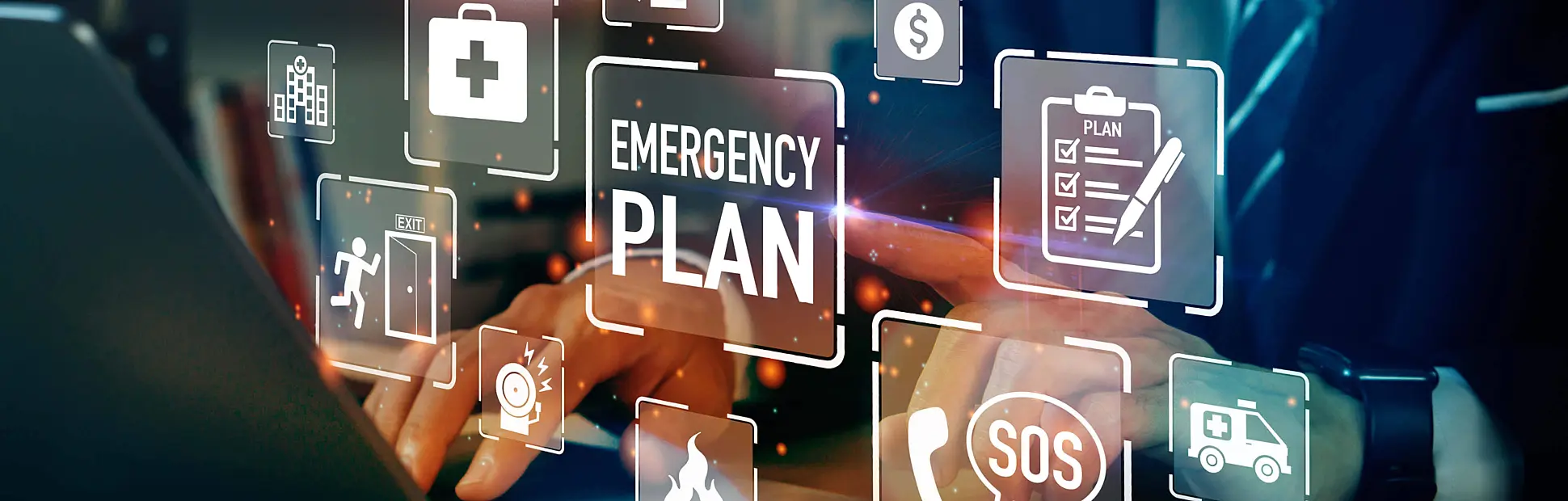 Businessman touching Emergency Plan icon to learn and prepare in emergency situation