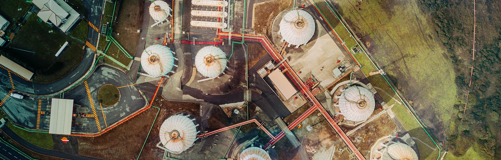 Aerial view of Gas storage tanks