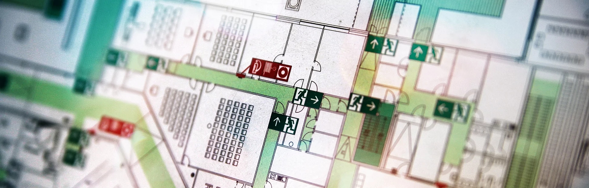macro crop shot of evacuation plan with emergency exits