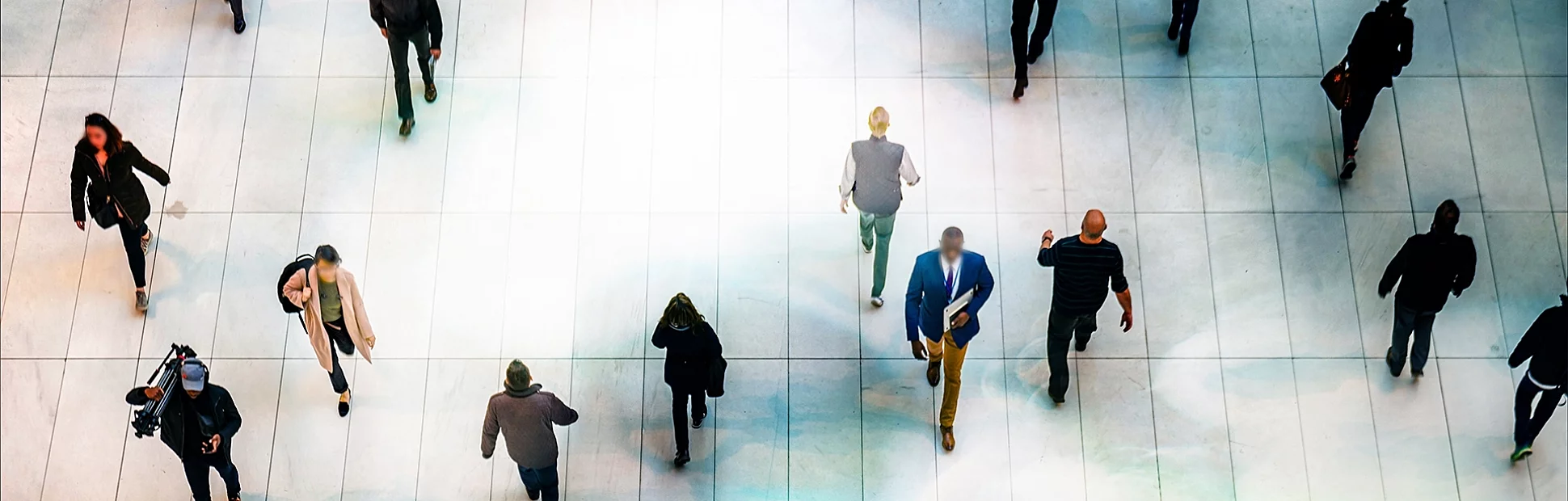 Top view people walking white floor or large crowd of anonymous people.