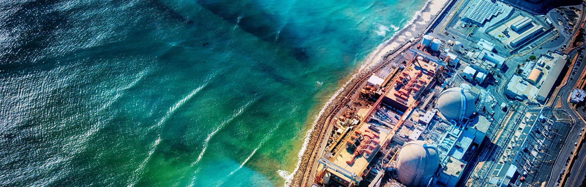 The San Onofre Nuclear Power Plant in Southern California shot from an altitude of about 1500 feet.