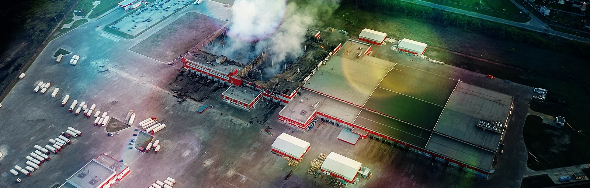 Aerial view of a fire burning at a warehouse