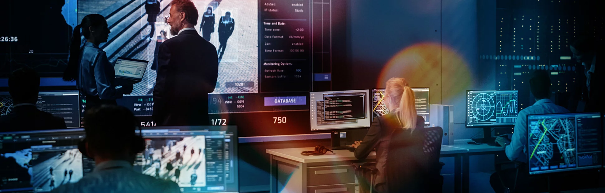 Big Digital Screen with Satellite Surveillance Footage with Face Recognition Software.