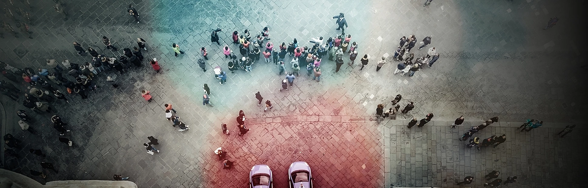 Florence tourists and police cars from Giotto's bell tower seen from above