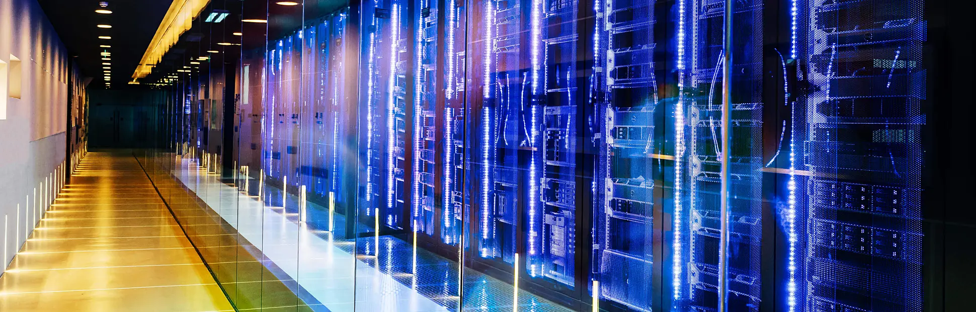 Data center in server room with server racks - blue and yellow lights