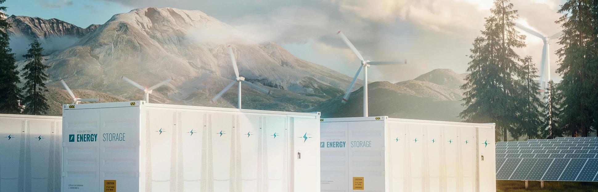 Modern container battery energy storage power plant system with solar panels and wind turbine system