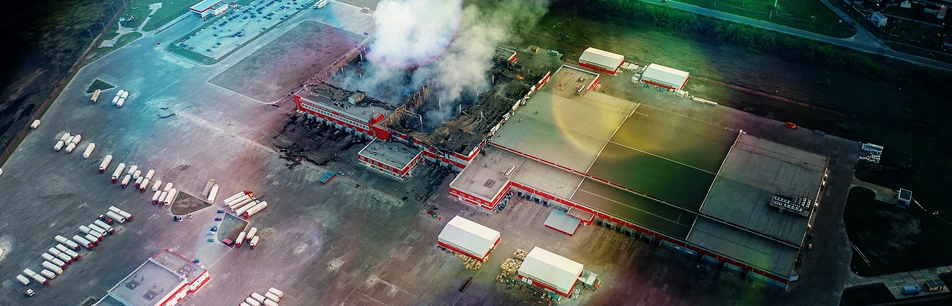 Aerial view of a fire burning at a warehouse