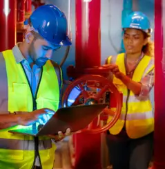 Engineer use laptop to inspection pipeline and valve of service water supply in fire riser room