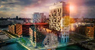 Copenhagen cityscape with contemporary office buildings and residental flats