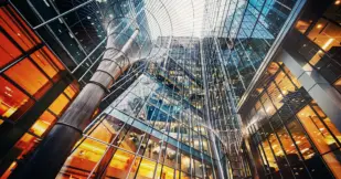 Illuminated office buildings at Canary Wharf, London