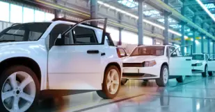 3D illustration of production line of cars