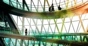 Horizontal color image depicting ultra modern contemporary interior architecture in City Hal