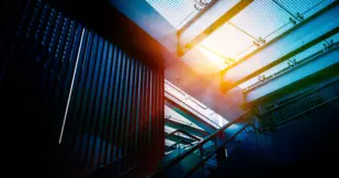 Directly Below Shot Of glass Skylight in a modern building.