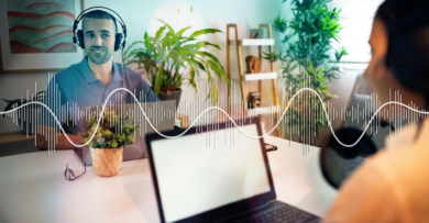 Male and female Caucasian podcasters recording an podcast from modern home studio