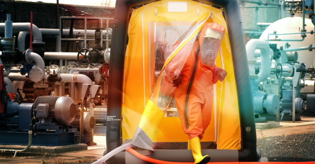 A worker in an orange hazmat suit exits an inflatable decontamination tent at an industrial facility
