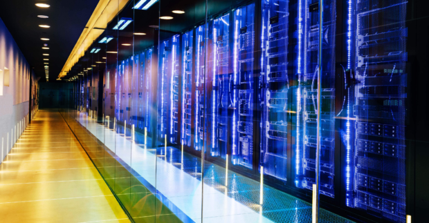 Data center in server room with server racks - blue and yellow lights