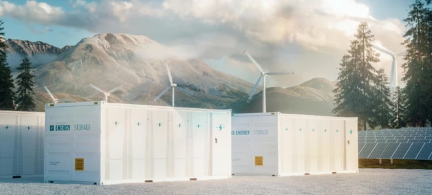 Modern container battery energy storage power plant system with solar panels and wind turbine system