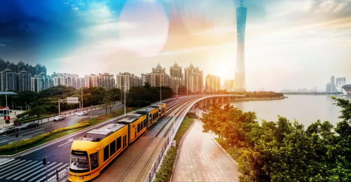 The sightseeing train is driving in the Guangzhou, China