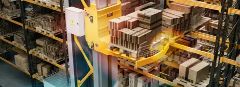 Computer-generated image of automated warehouse elevator moving and arranging cardboard boxes