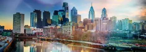 Skyline view of Philadelphia, Pennsylvania at sunset.