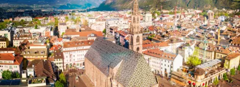 Bolzano Cathedral aerial panoramic view, located in Bolzano city in South Tyrol, Italy