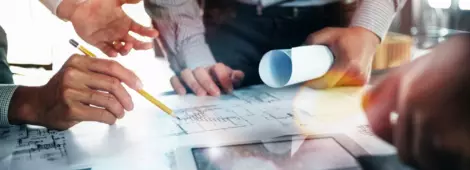 Interior architecture discussing with blueprint, Engineering Concept.