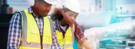 Two engineers working with a construction model building blueprint at a construction site