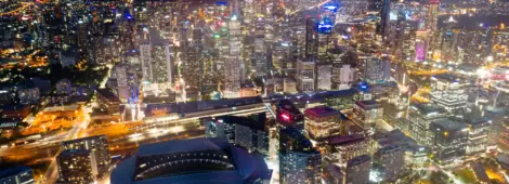 Melbourne Australia at night city skyline with stadium