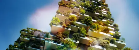 Sustainable green building, plants on building balconies