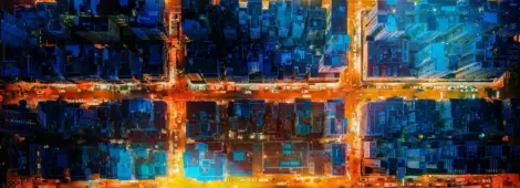 Financial district and business centers in smart city, technology. Top view of buildings at night.