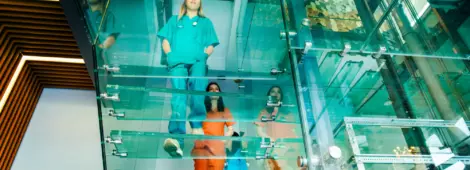 Medical professionals walking on modern glass staircases