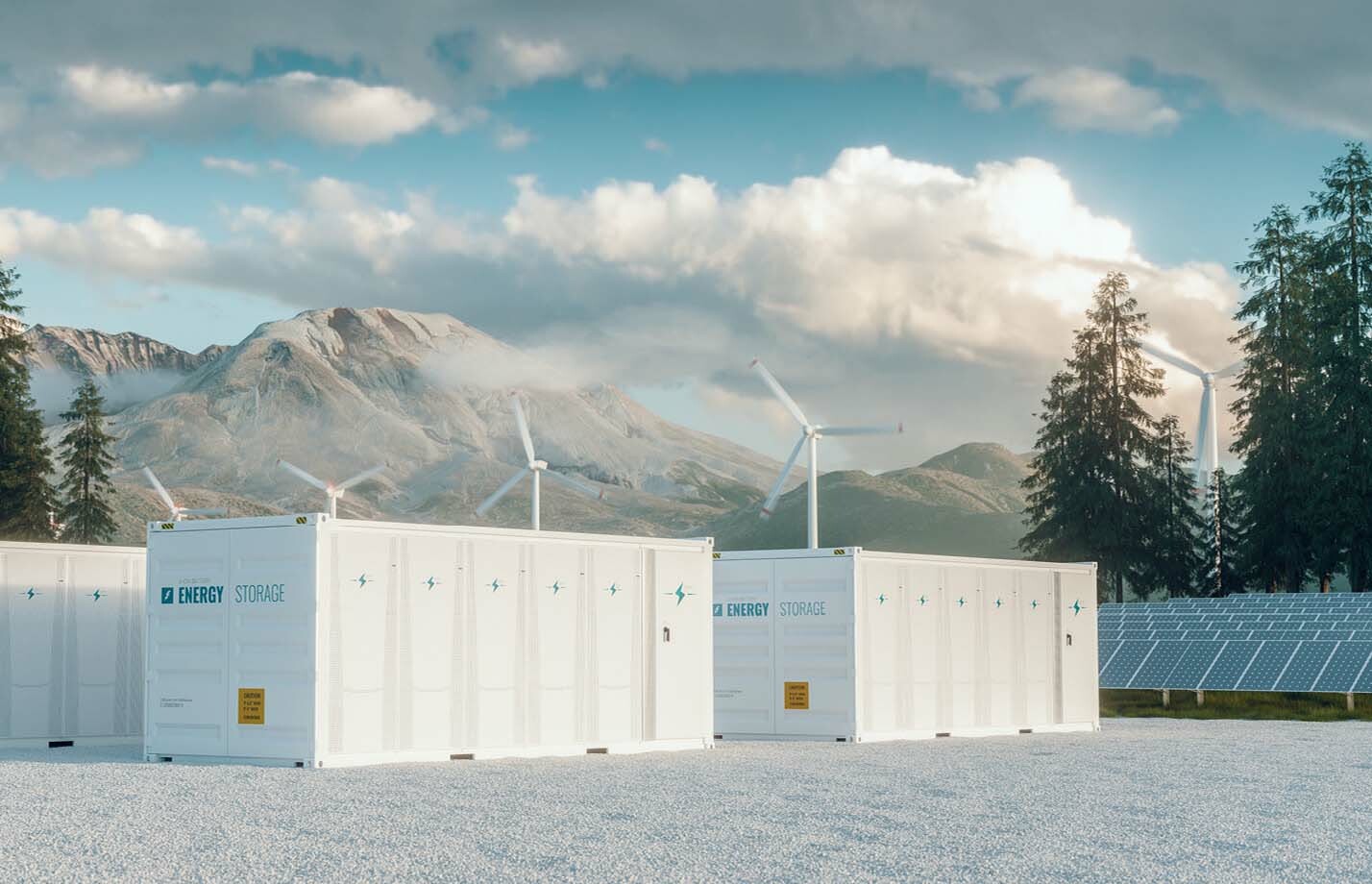 Modern container battery energy storage power plant system with solar panels and wind turbines