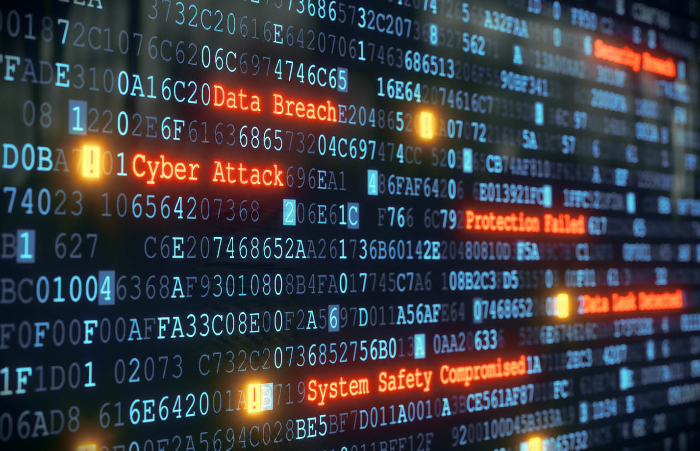 Computer screen with lines of code and phrases "Data Breach," "Cyber Attack,"