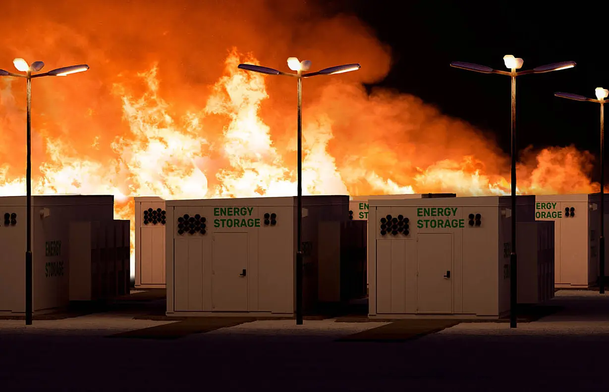 Battery Energy Storage System near a photovoltaic farm on fire