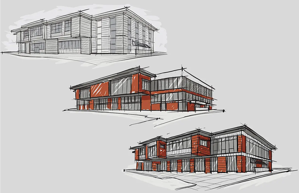 Sketch of Architecture - progression of red building