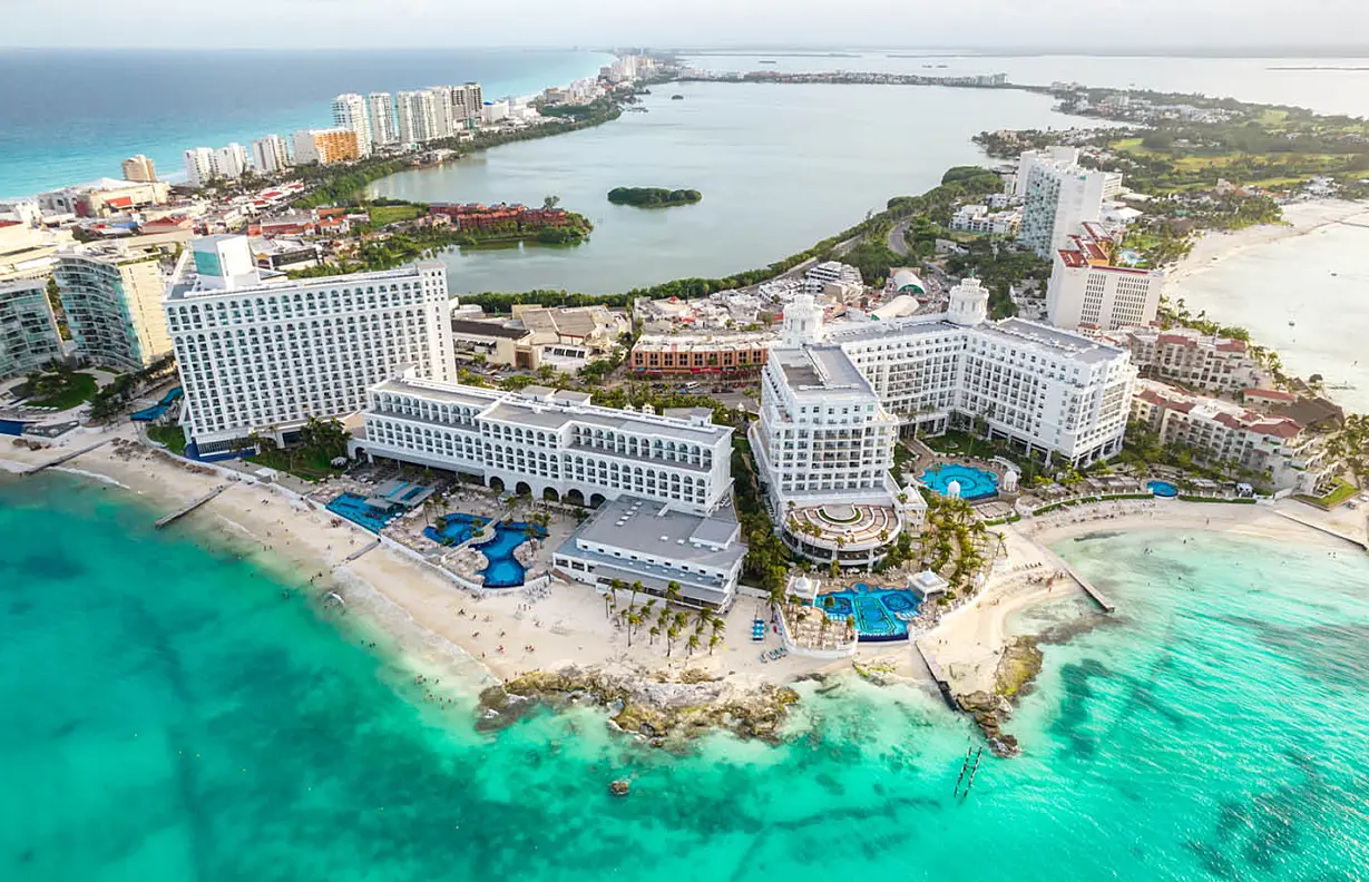 Aerial panoramic view of Cancun beach and city hotel zone in Mexico.