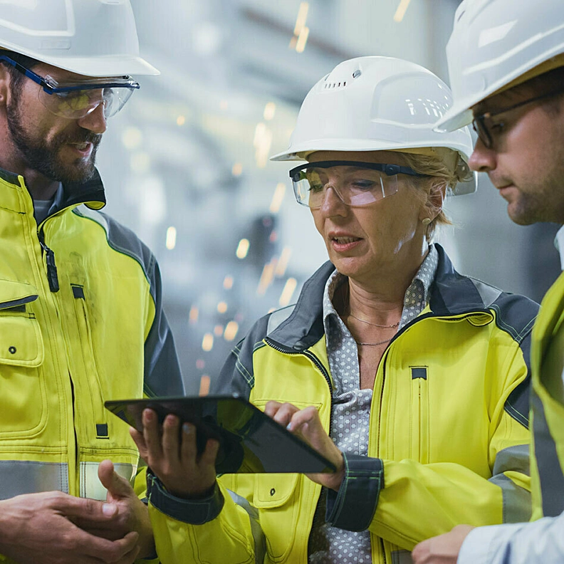 People in white hard hats looking at laptop screen