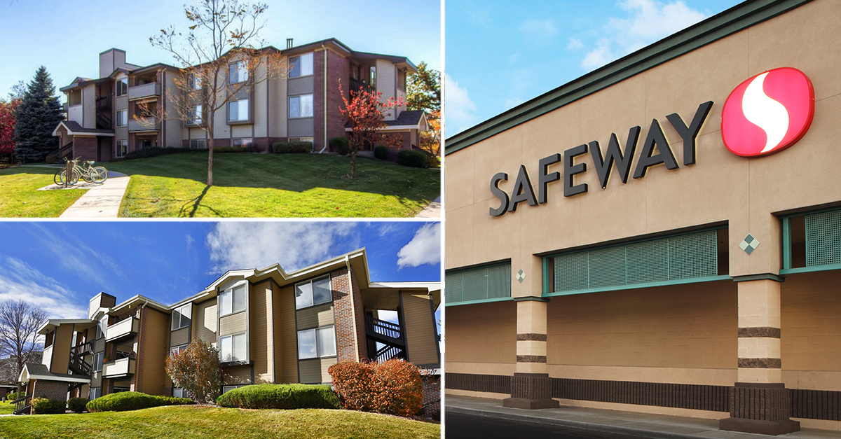 3 Panel collage showing an apartment building, multifamily complex and the front of a Safeway grocery store